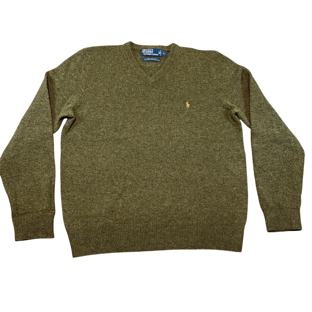 Polo Ralph Lauren Mens V-Neck Sweater Olive Green 100% Lambswool‎ L Yellow Pony
